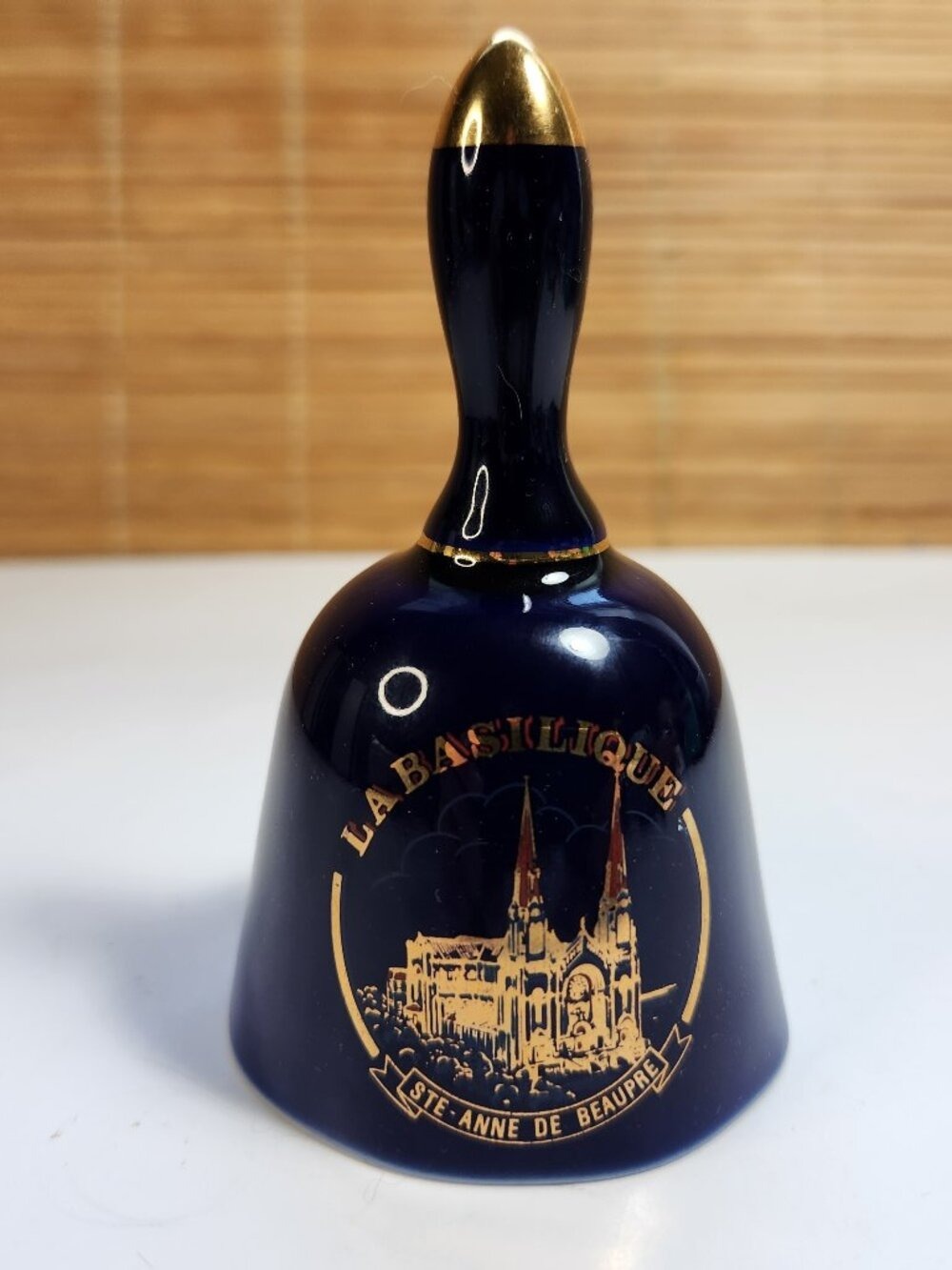 Vintage Cobalt Blue Porcelain Souvenir Bell Ste Anne De Beaupre Quebec Canada